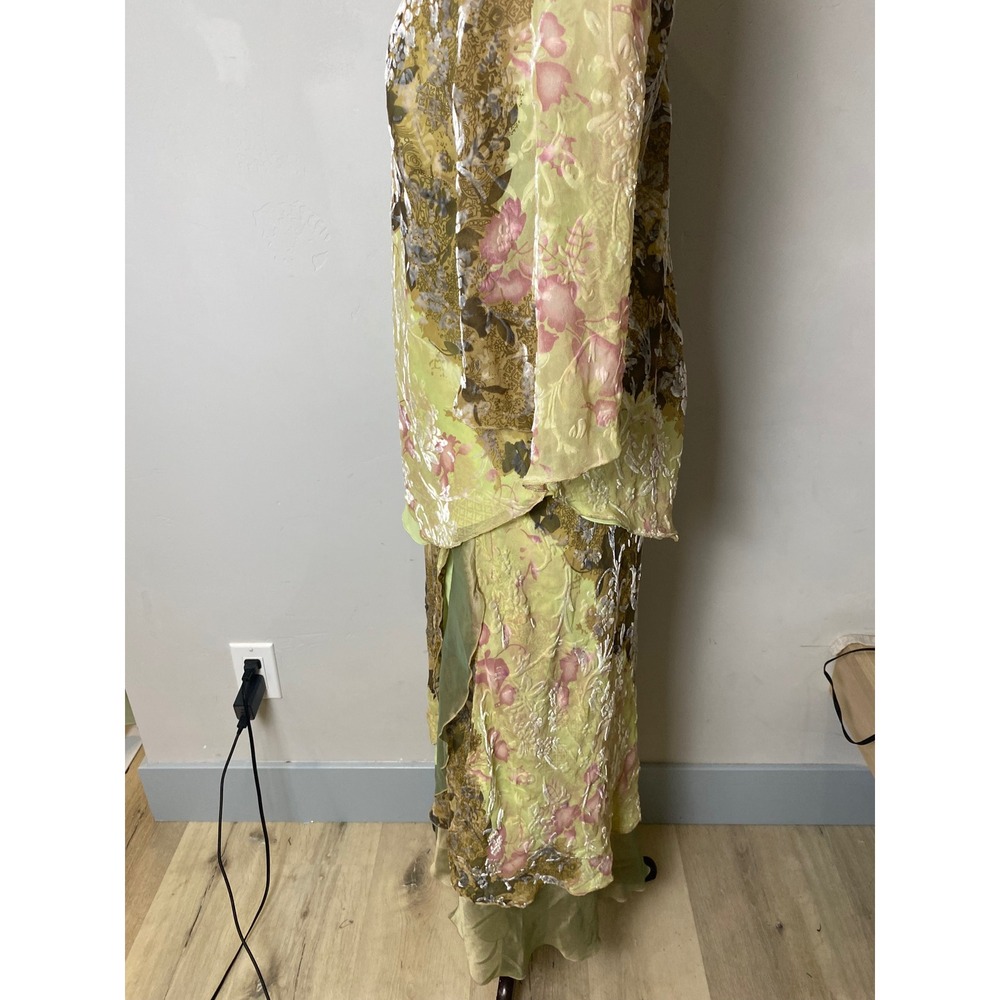 Vintage 90s Silk Burnout Velvet Floral Maxi Dress Chartreuse Green Pink 2-Piece - Picture 4 of 8